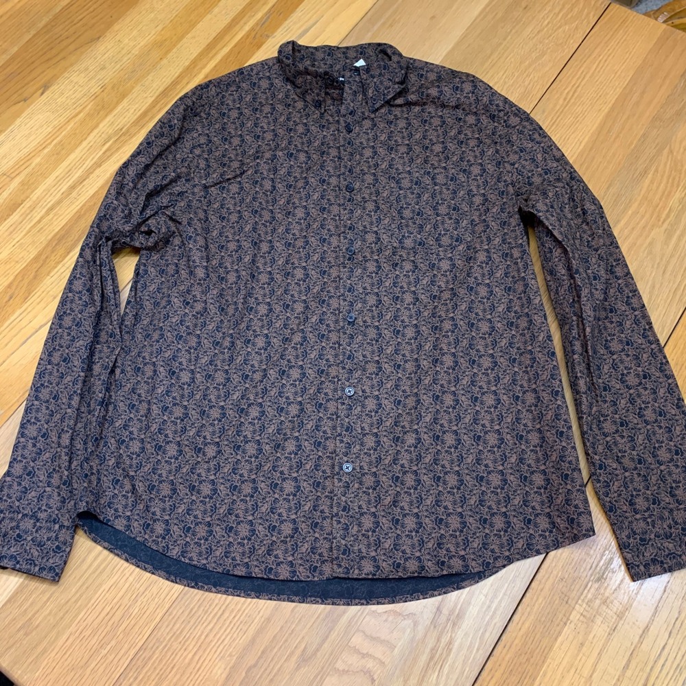 EXPRESS Men's Brown Black Floral Print Button Up Long‎ Sleeve Dress Shirt Size L